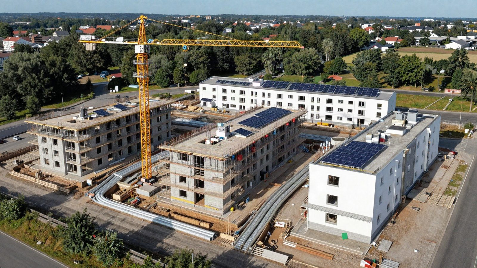 KI-generiertes Symbolbild: Neubauquartier im Bau mit Fernwärmeleitungen und PV-Anlage