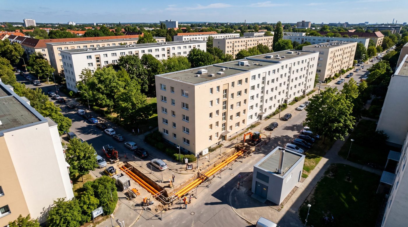 KI-generiertes Symbolbild: Nahwärmenetz in einem Bestandsquartier